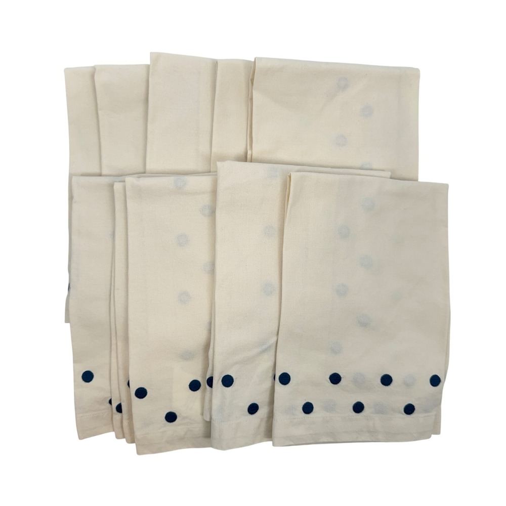 Pottery Barn Navy Blue Polka Dot Embroidered Cream Cotton Napkins Set 10 20x20